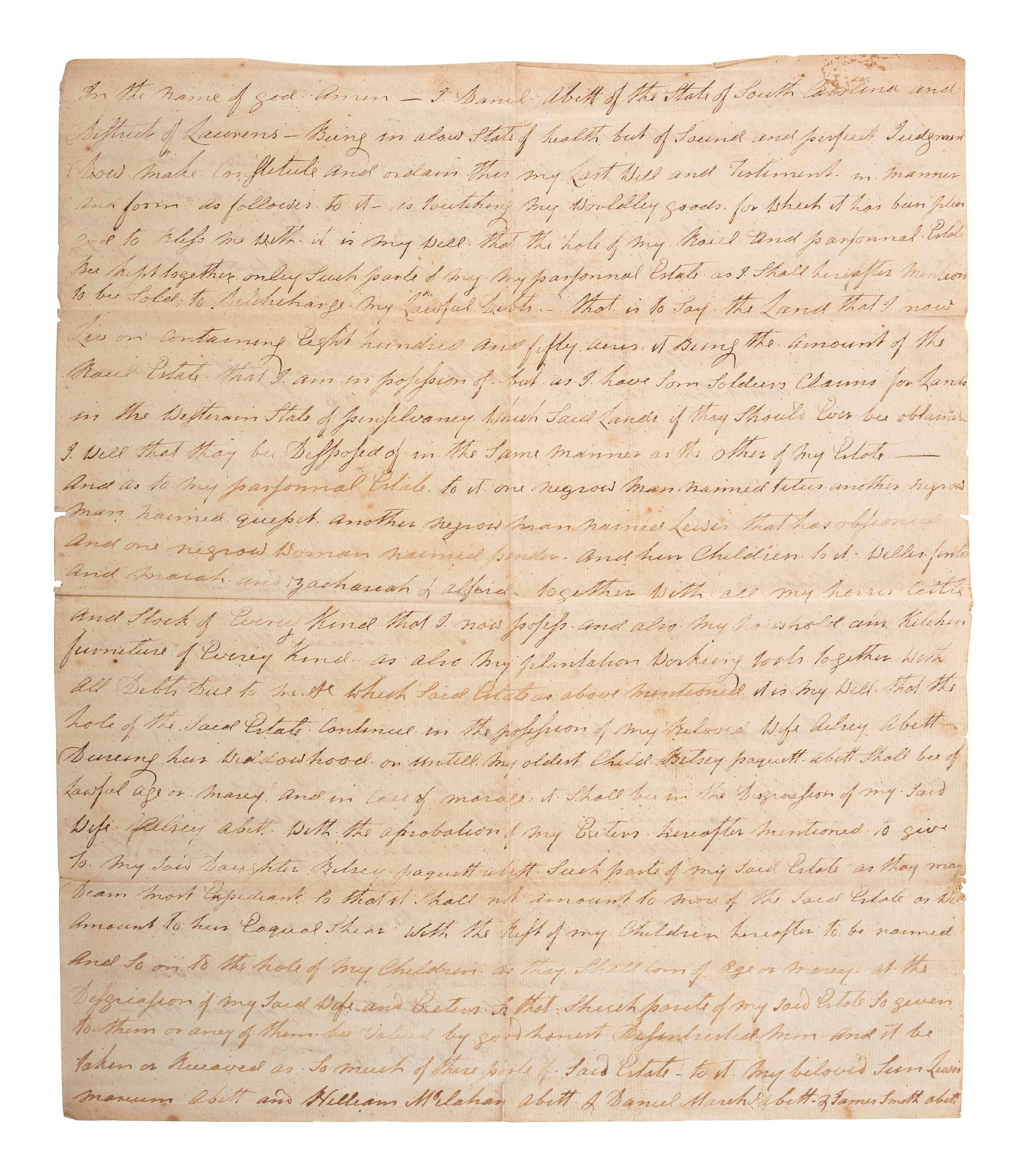 [SLAVERY & ABOLITION]. Manuscript last will and testament of enslaver Daniel Abbott, naming nine enslaved men, women, and children. District of Laurens, SC, 30 October 1800.
