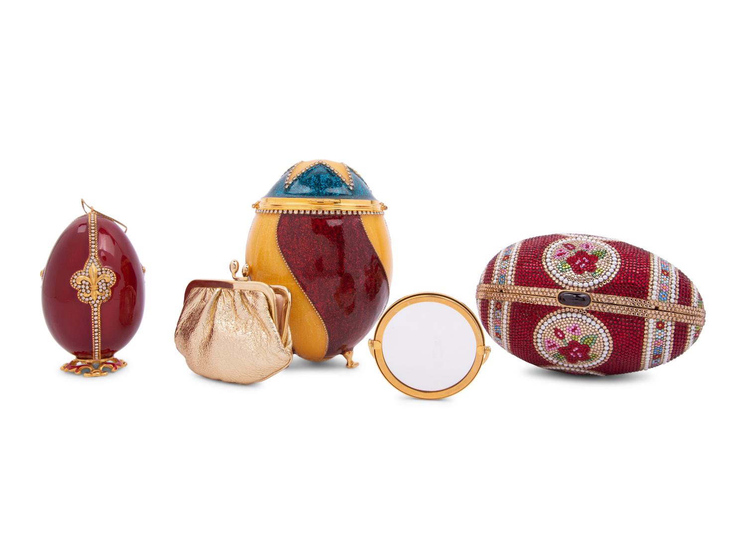 Three Egg Shaped Accessories: One Judith Leiber Fabergé Egg Minaudière, One Vivian Alexander Bag, and One Ornament