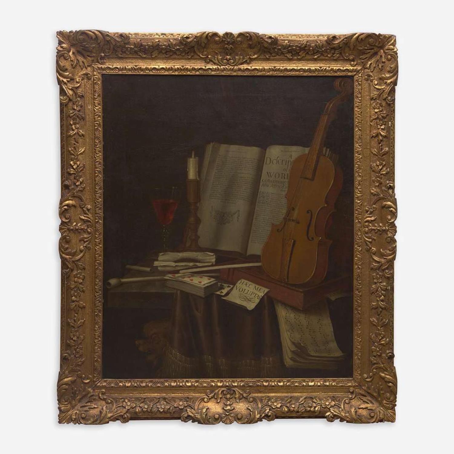 Edward Collier (Dutch, B.C. 1640–D.C. 1706) A Tabletop Still Life with Violin, Music Sheets, Tobacco, Smoking Utensils, Books, Wine and Candle (Vanitas)