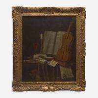 Edward Collier (Dutch, B.C. 1640–D.C. 1706) A Tabletop Still Life with Violin, Music Sheets, Tobacco, Smoking Utensils, Books, Wine and Candle (Vanitas)