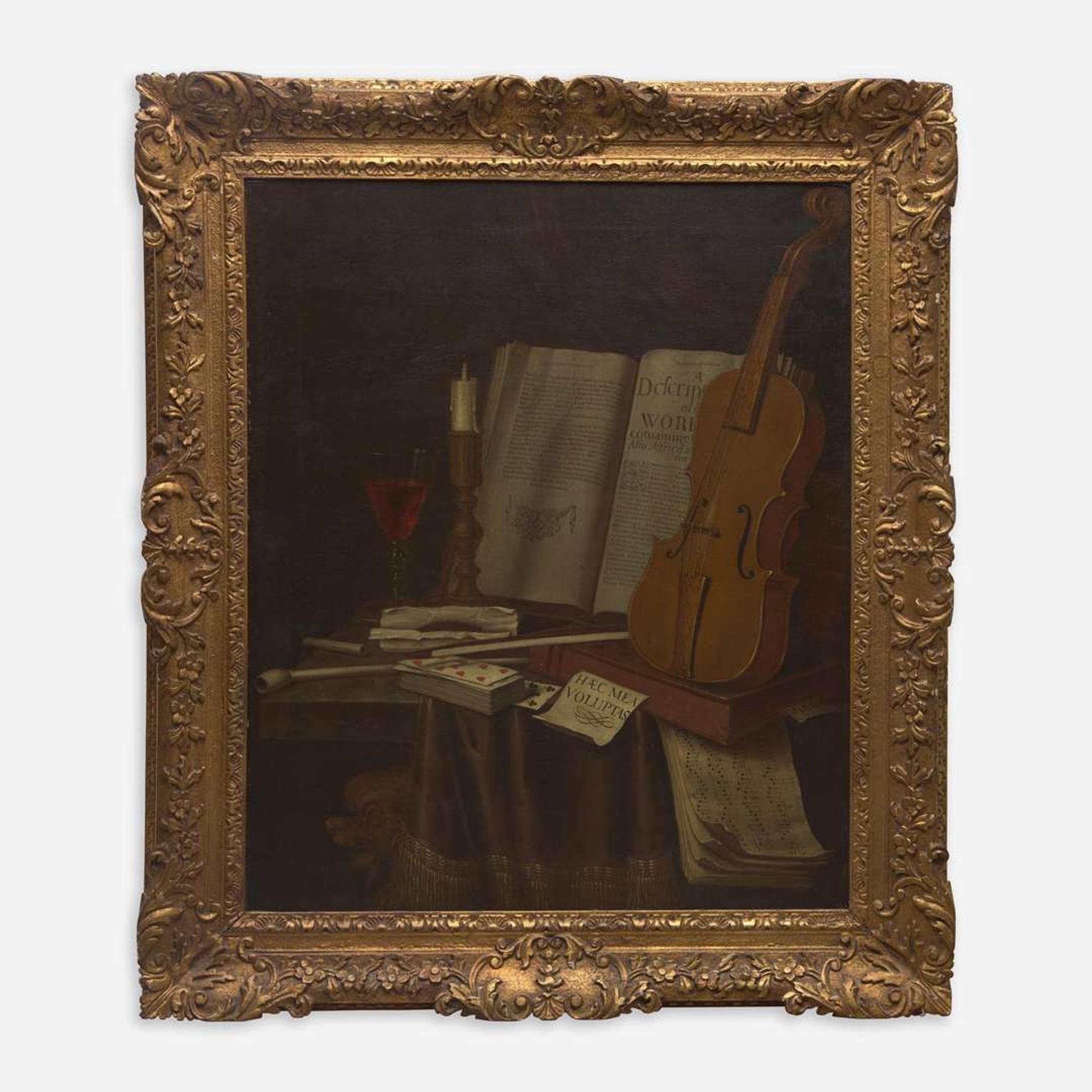 Edward Collier (Dutch, B.C. 1640–D.C. 1706) A Tabletop Still Life with Violin, Music Sheets, Tobacco, Smoking Utensils, Books, Wine and Candle (Vanitas)