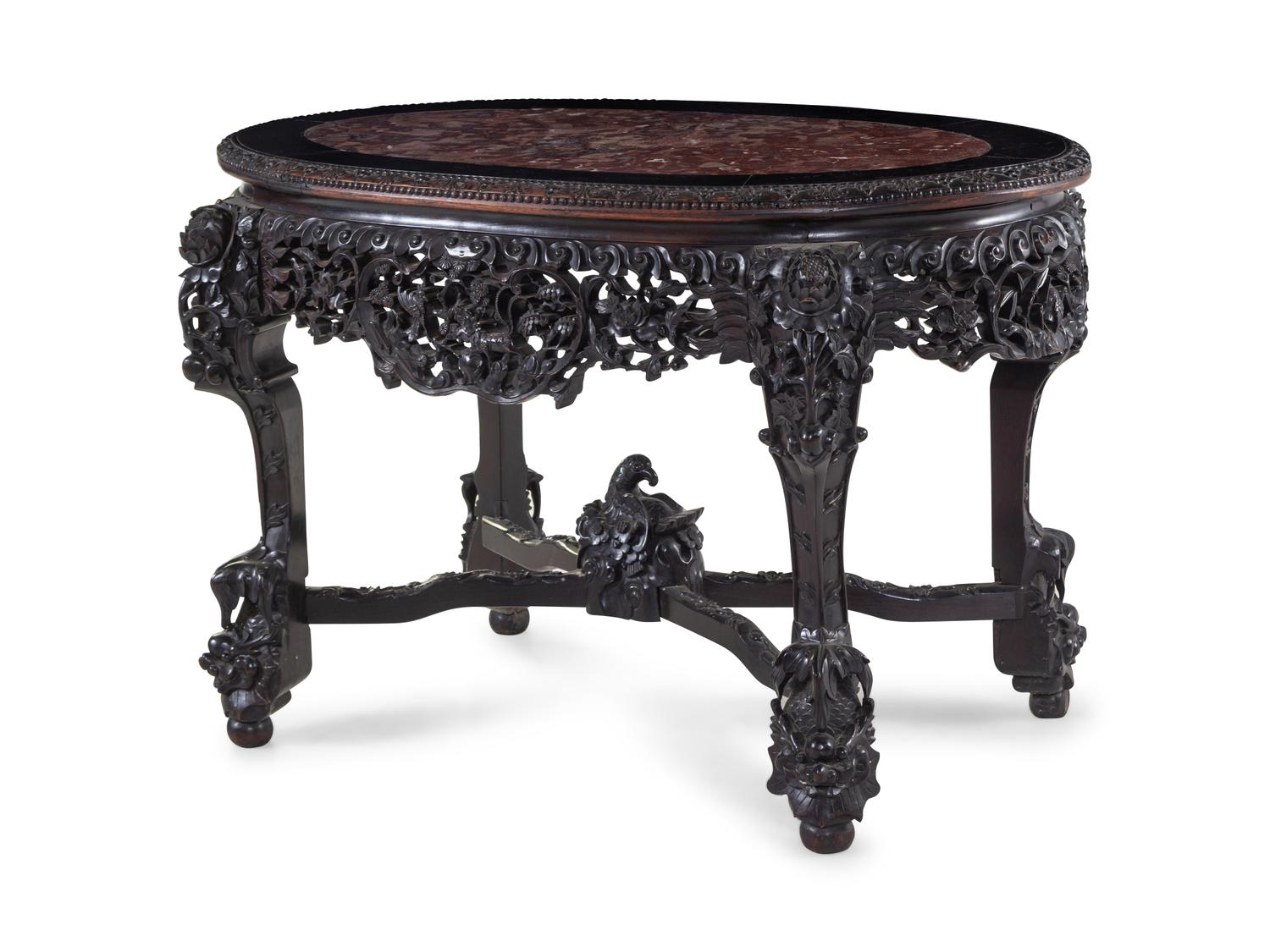 A Chinese Export Carved and Marble Inset Hardwood Table