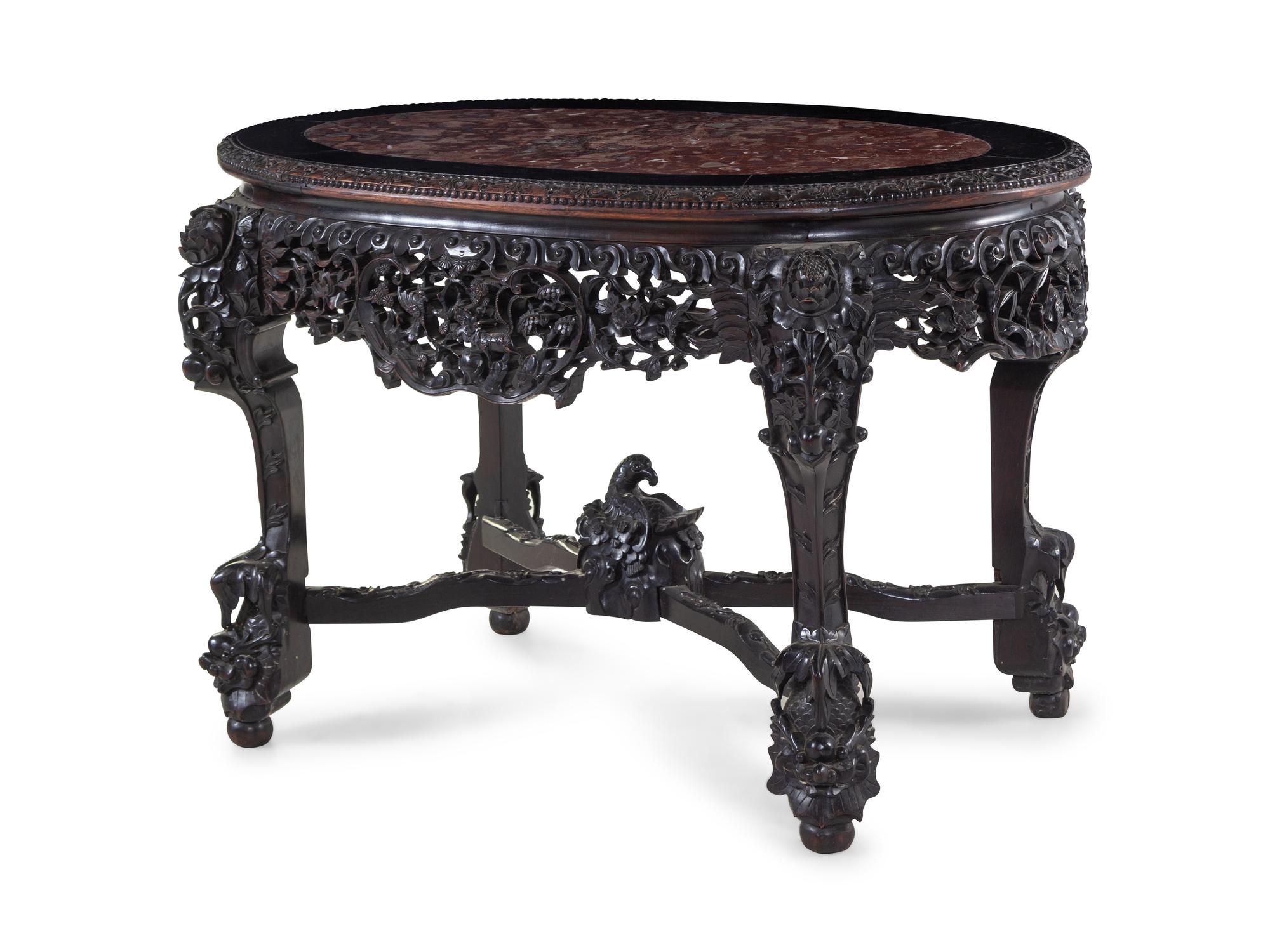 A Chinese Export Carved and Marble Inset Hardwood Table