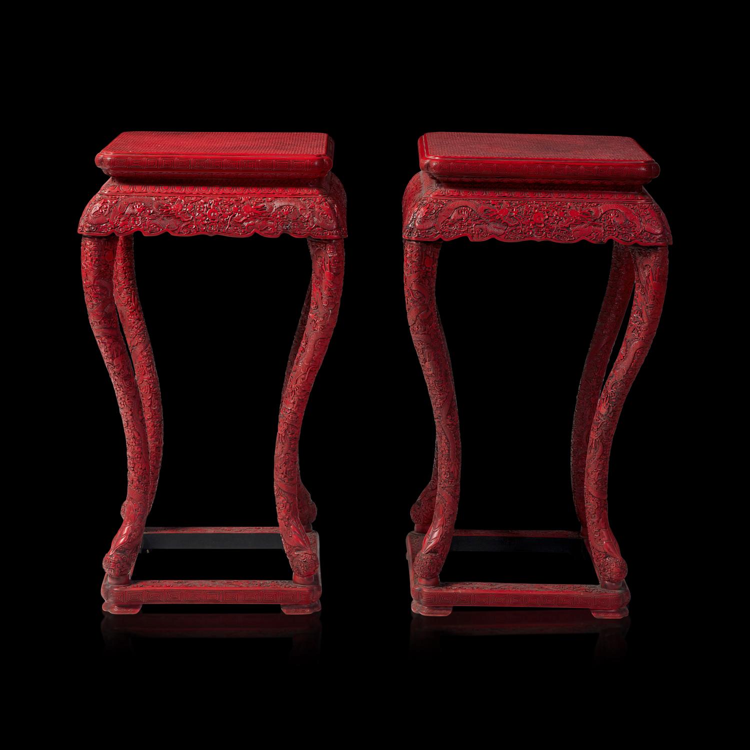 A Pair of Chinese Carved Cinnabar Lacquer Incense Stands, Xiangji 剔紅錦地雲龍紋香幾一對