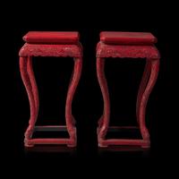 A Pair of Chinese Carved Cinnabar Lacquer Incense Stands, Xiangji 剔紅錦地雲龍紋香幾一對