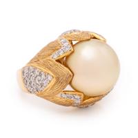 Golden Cultured Pearl, Diamond, and Yellow Gold Ring