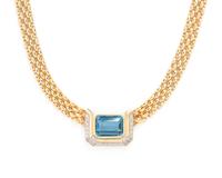 YELLOW GOLD, DIAMOND AND BLUE TOPAZ PENDANT NECKLACE