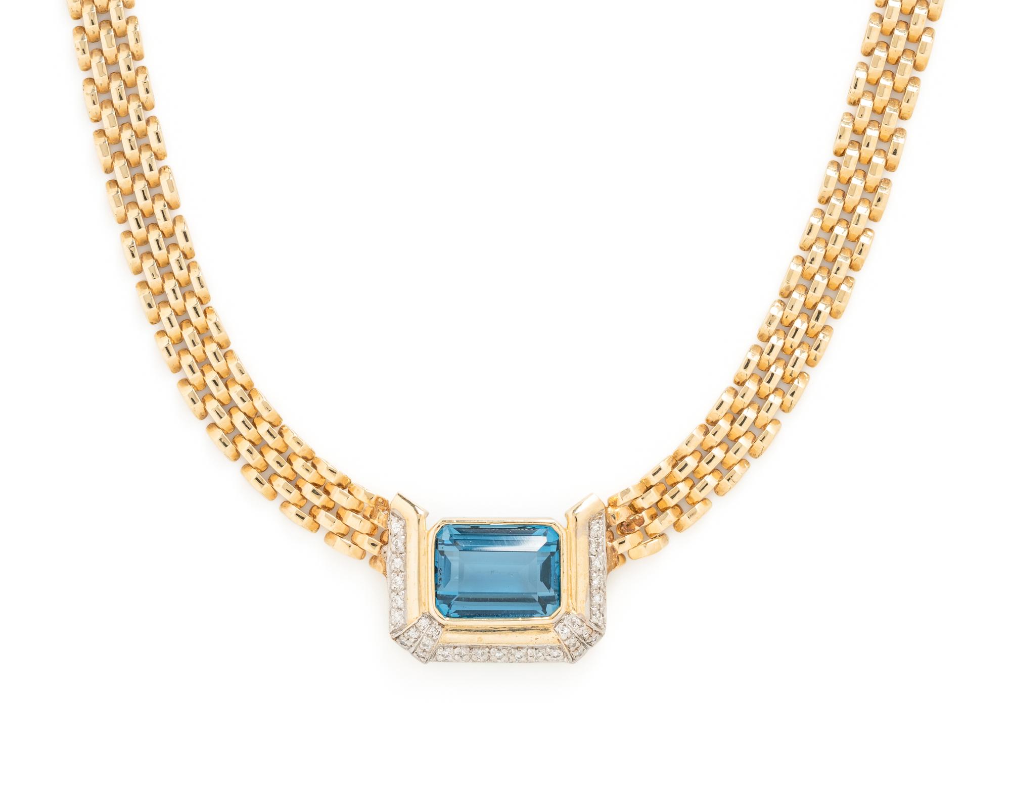 YELLOW GOLD, DIAMOND AND BLUE TOPAZ PENDANT NECKLACE