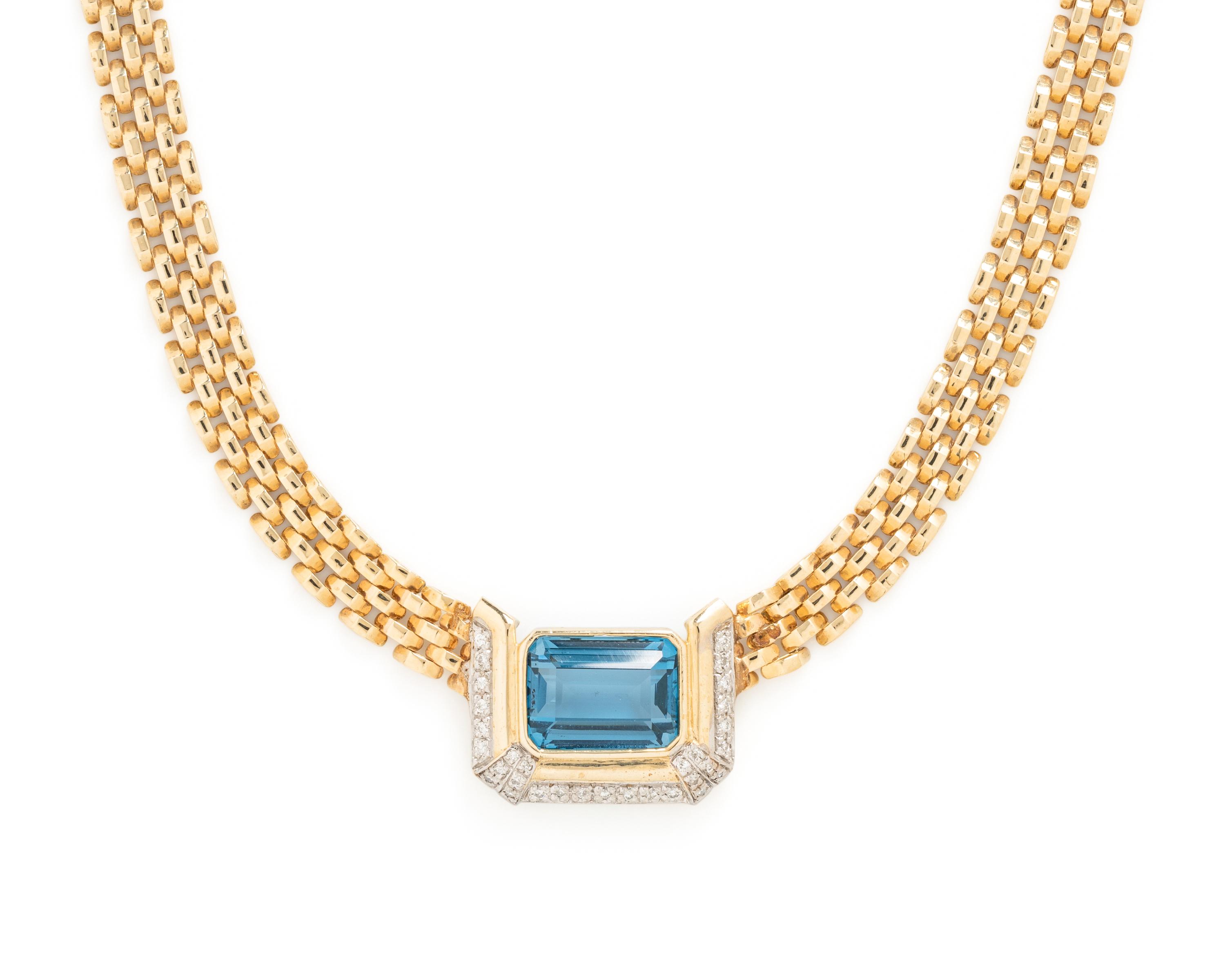 YELLOW GOLD, DIAMOND AND BLUE TOPAZ PENDANT NECKLACE