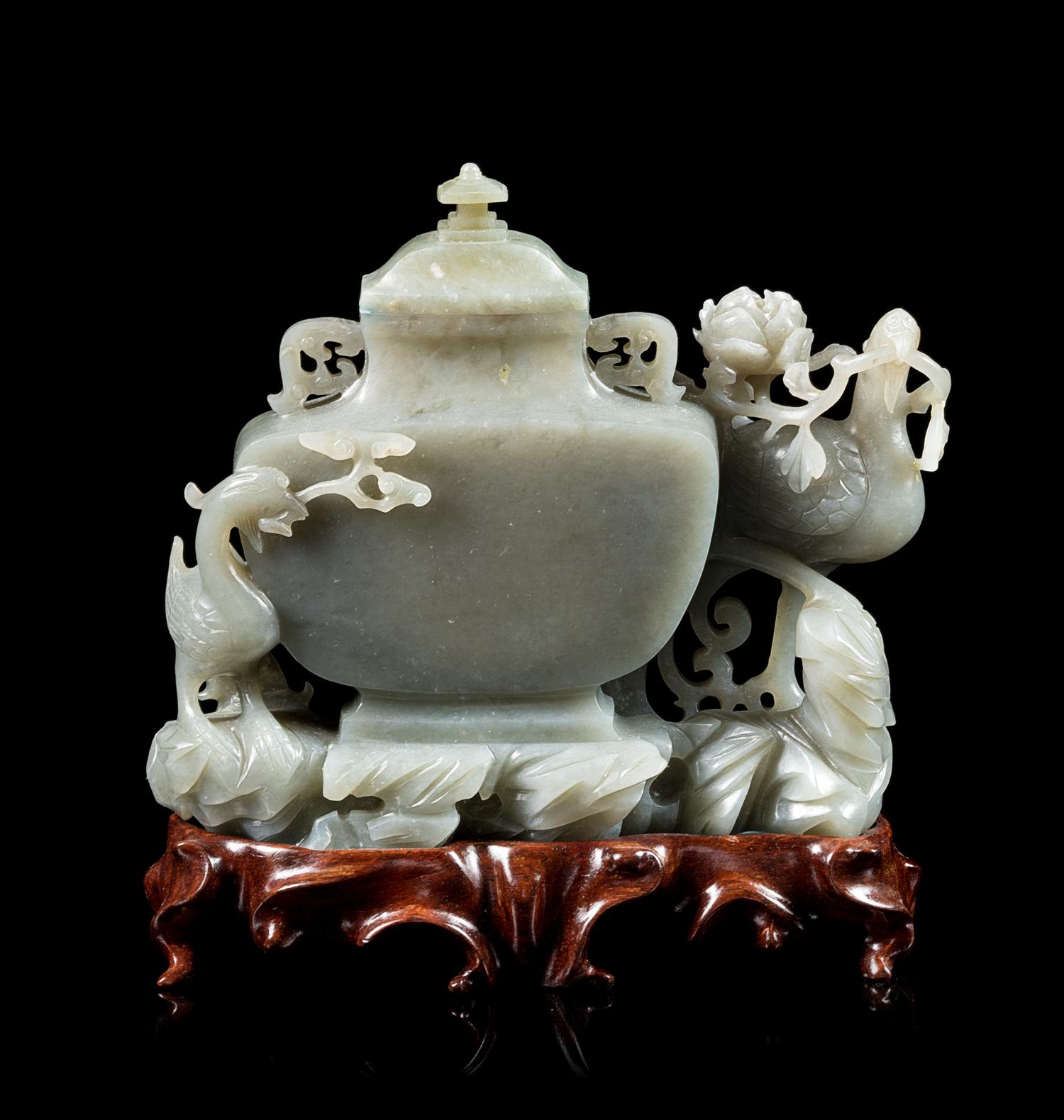 A Celadon Jade Covered Vase Height 5 1/2 inches. — 19TH/20TH CENTURY