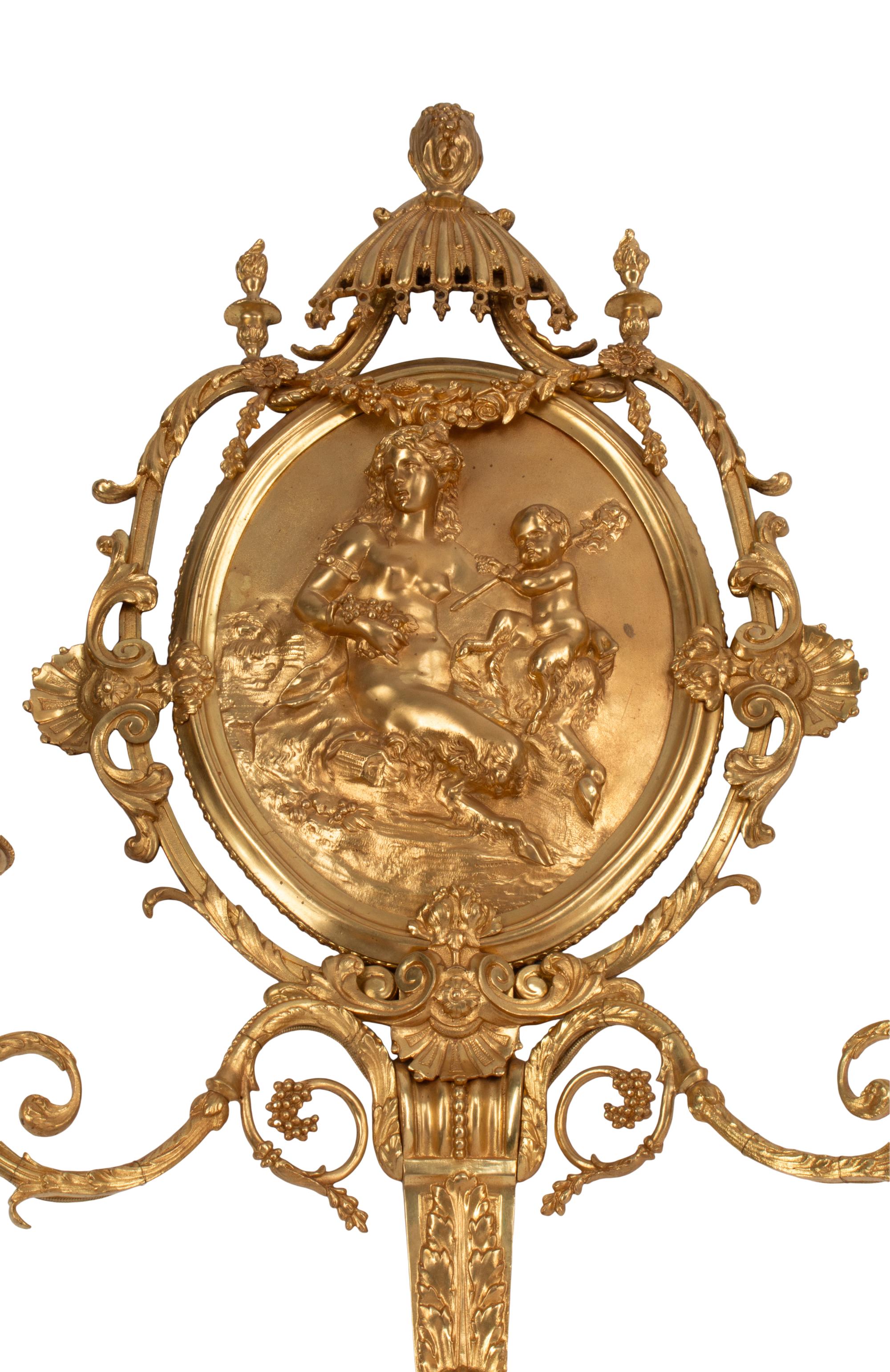 A Pair of French Neoclassical Style Gilt Bronze Two-Light Sconces
