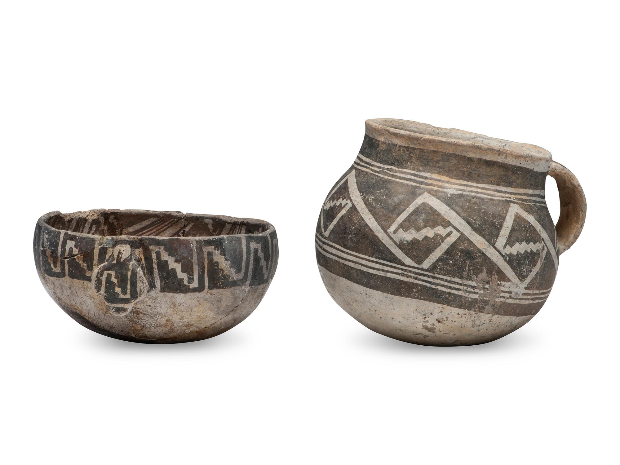 Ancestral Pueblo Black-on-White Pottery Bowl and Jar