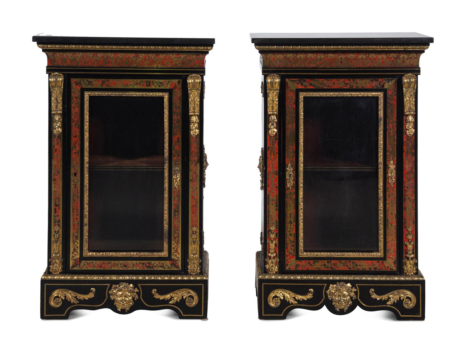 A Pair of Napoleon III Boulle Marquetry Marble-Top Cabinets