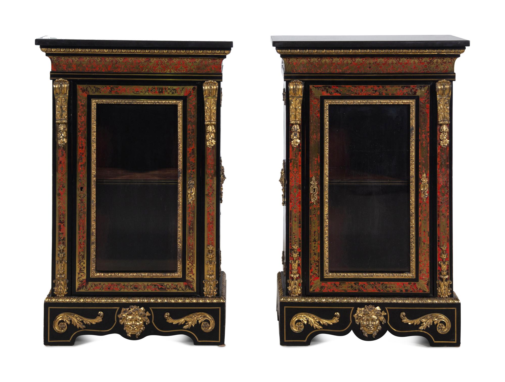 A Pair of Napoleon III Boulle Marquetry Marble-Top Cabinets