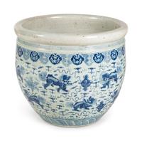 A Large Blue and White 'Fu Lion' Porcelain Fish Bowl
