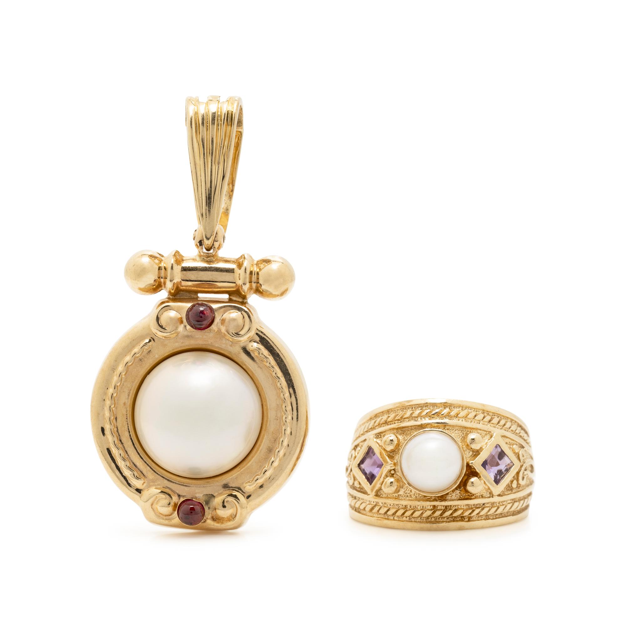 COLLECTION OF YELLOW GOLD, CULTURED PEARL AND GEMSTONE JEWELRY