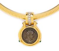 A Yellow Gold, Emerald, Diamond, Coin Pendant/Necklace,