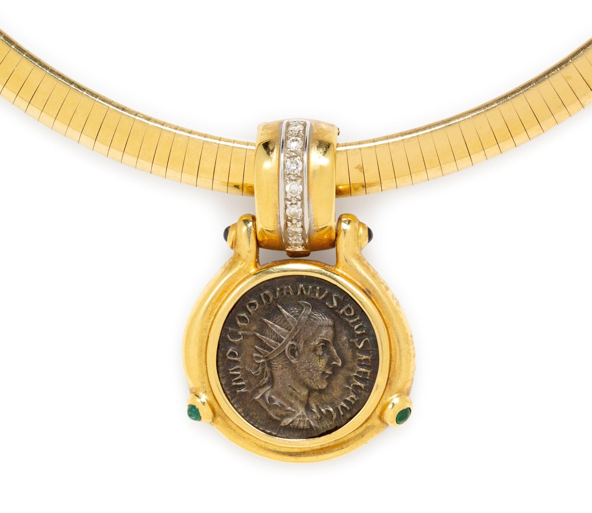 A Yellow Gold, Emerald, Diamond, Coin Pendant/Necklace,