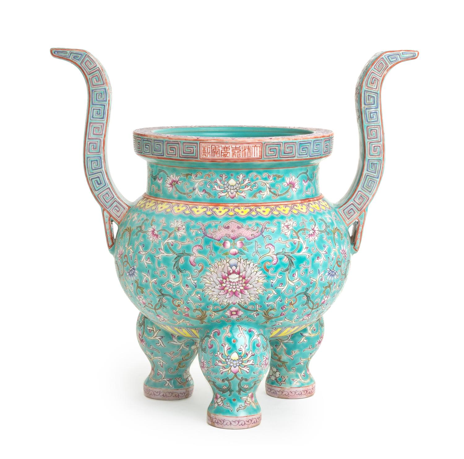 A Famille Rose Porcelain Incense Burner Height 14 inches.