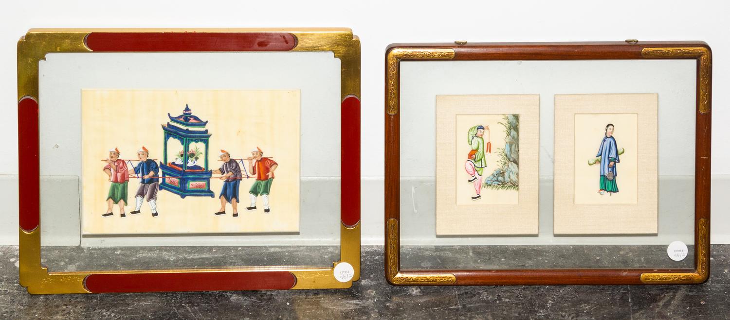 Three Chinese Paintings on Silk Framed as Two First: 10 1/2 x 7 inches. — 19TH CENTURY