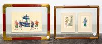 Three Chinese Paintings on Silk Framed as Two First: 10 1/2 x 7 inches. — 19TH CENTURY