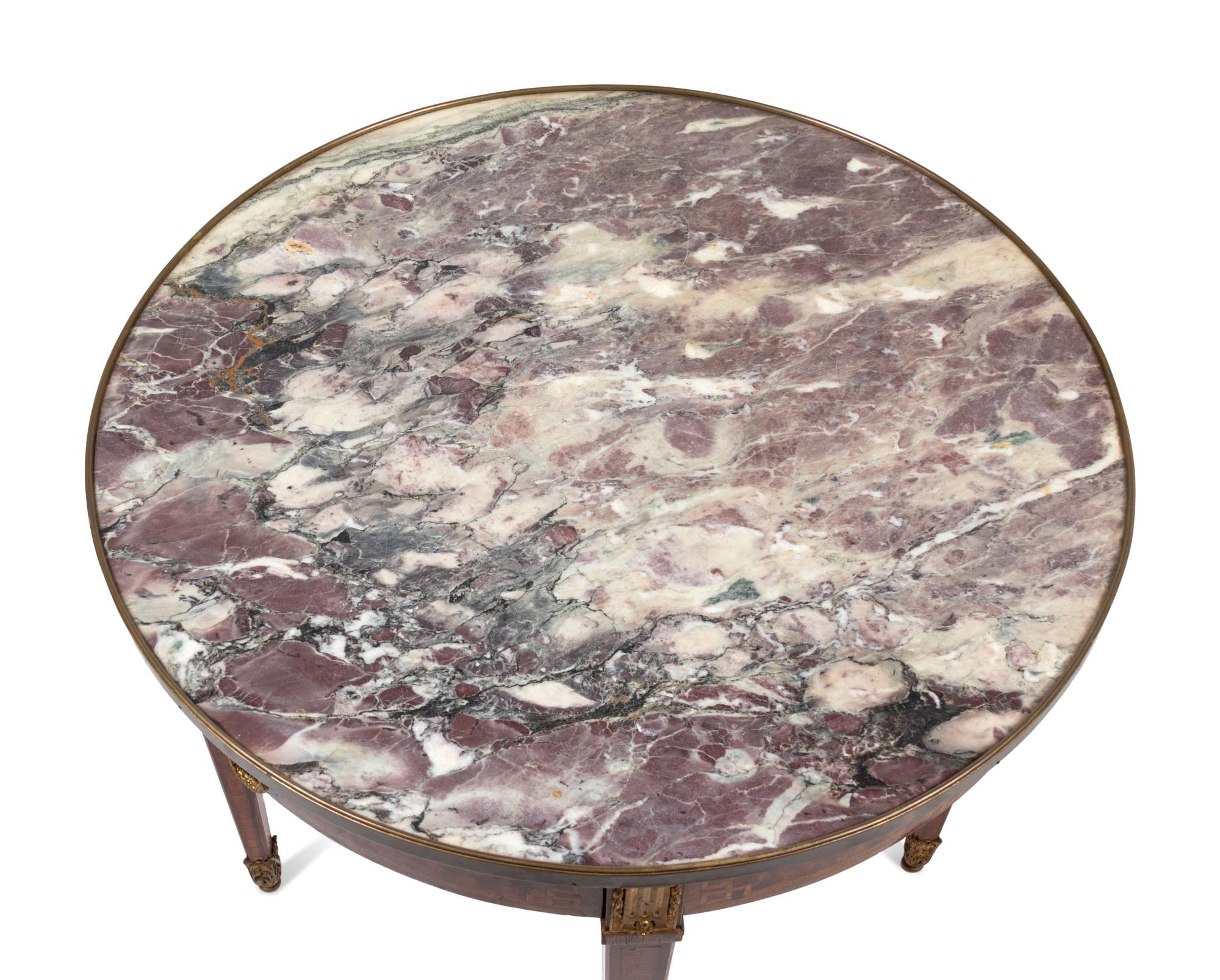 A Louis XVI Style Inlaid Marble Top Bouillotte Table