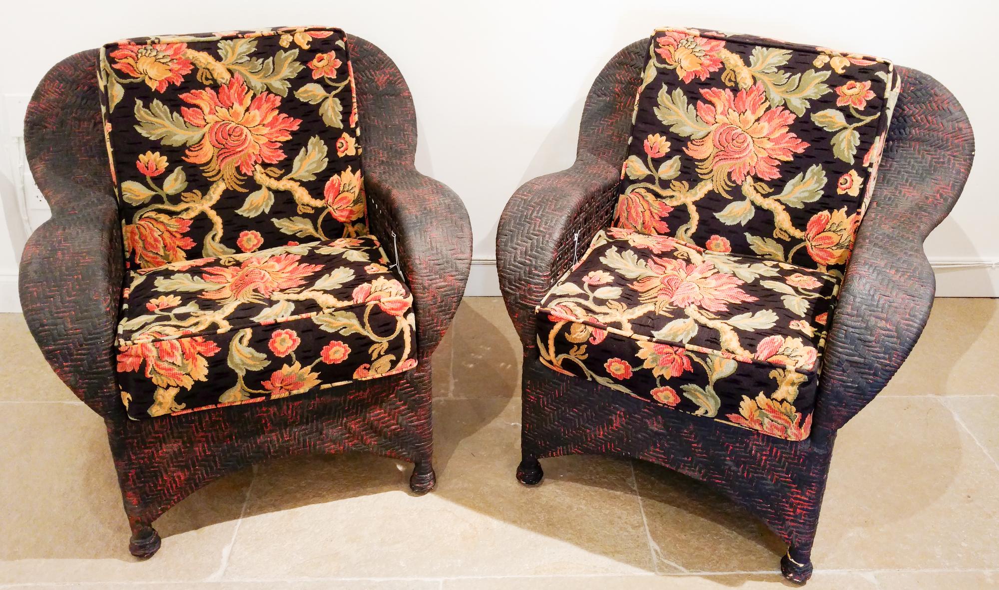 A Pair of Black and Red Painted Wicker Armchairs Height 34 inches. — 20TH CENTURY