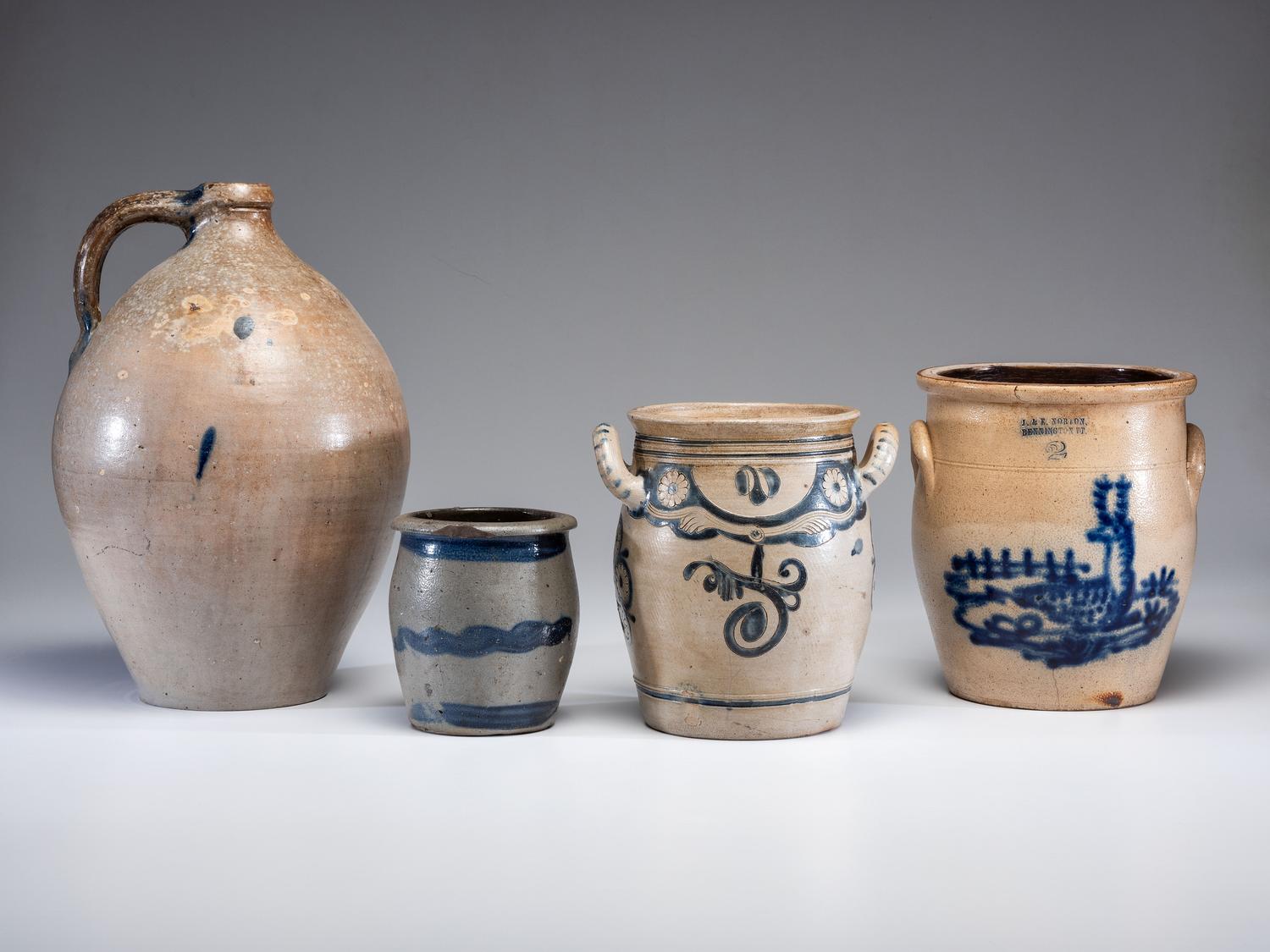 Four Cobalt Decorated Stoneware Vessels