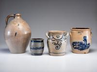 Four Cobalt Decorated Stoneware Vessels