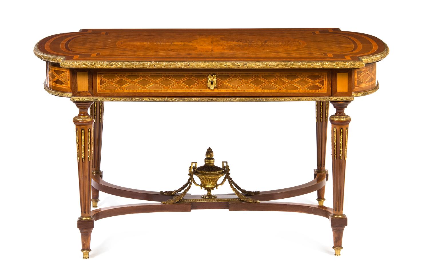 A Louis XVI Style Gilt Bronze Mounted Parquetry Center Table, Charles-Guillaume Diehl (1811-1885), Height 29 5/8 x width 53 1/2 x depth