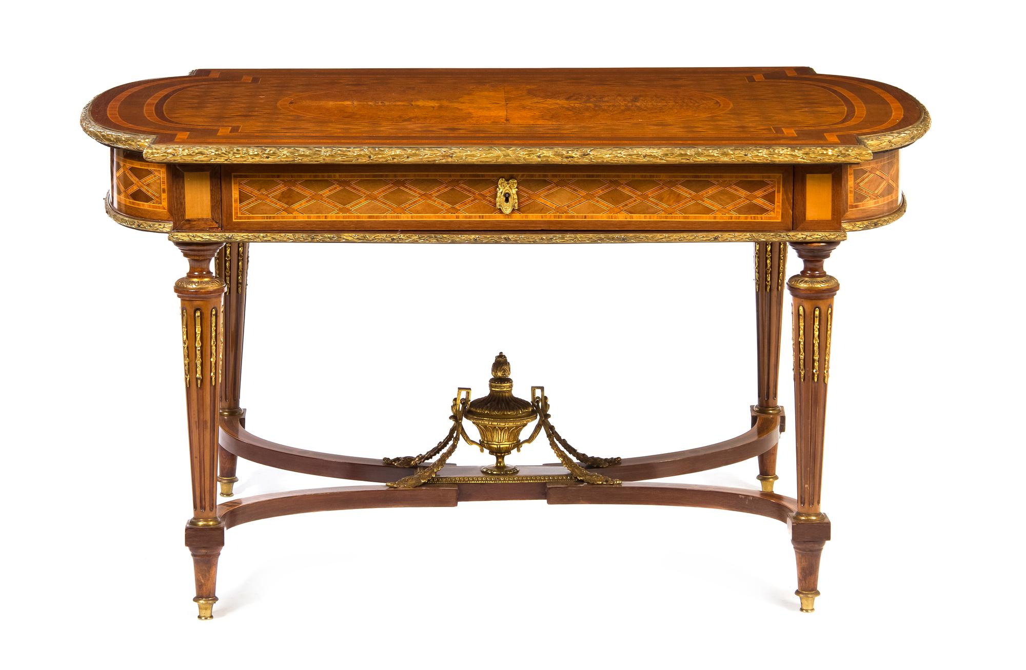 A Louis XVI Style Gilt Bronze Mounted Parquetry Center Table, Charles-Guillaume Diehl (1811-1885), Height 29 5/8 x width 53 1/2 x depth