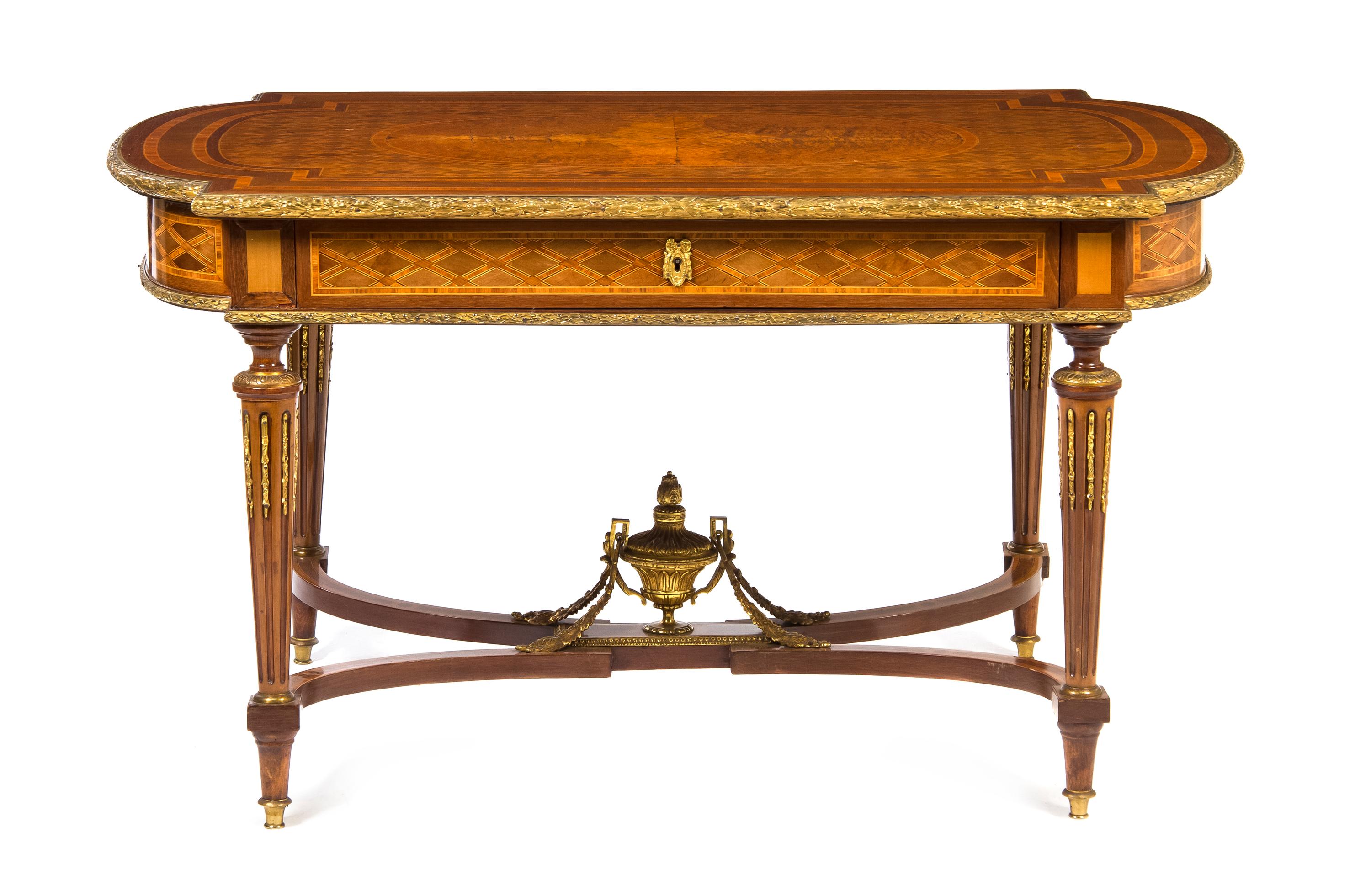 A Louis XVI Style Gilt Bronze Mounted Parquetry Center Table, Charles-Guillaume Diehl (1811-1885), Height 29 5/8 x width 53 1/2 x depth