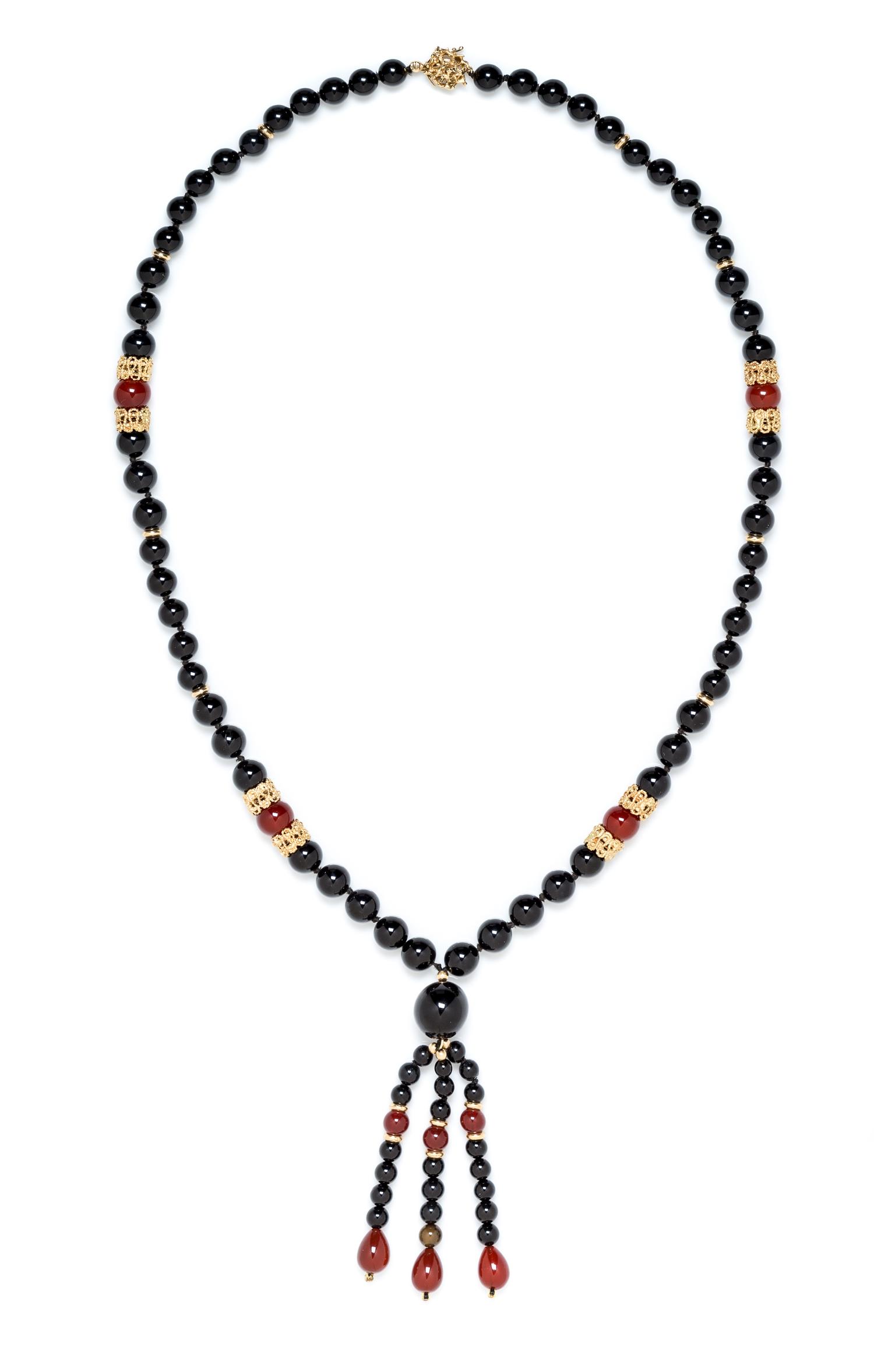 A 14 Karat Yellow Gold, Onyx and Carnelian Beaded Tassel Necklace, 55.44 dwts.