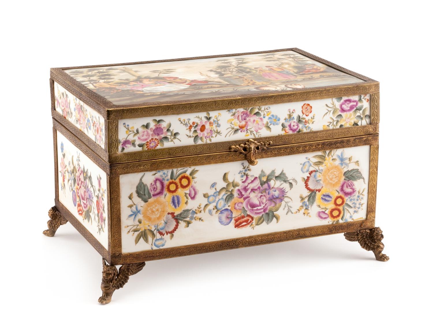 A Sevres Style Gilt Bronze Mounted Porcelain Casket Width 13 inches.