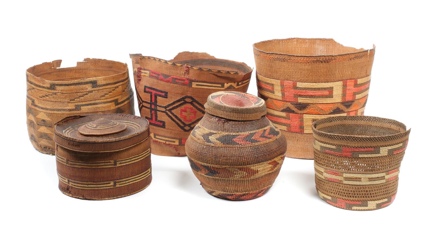 A Group of Fragmented Tlingit Baskets Height of largest 11 1/2 inches.