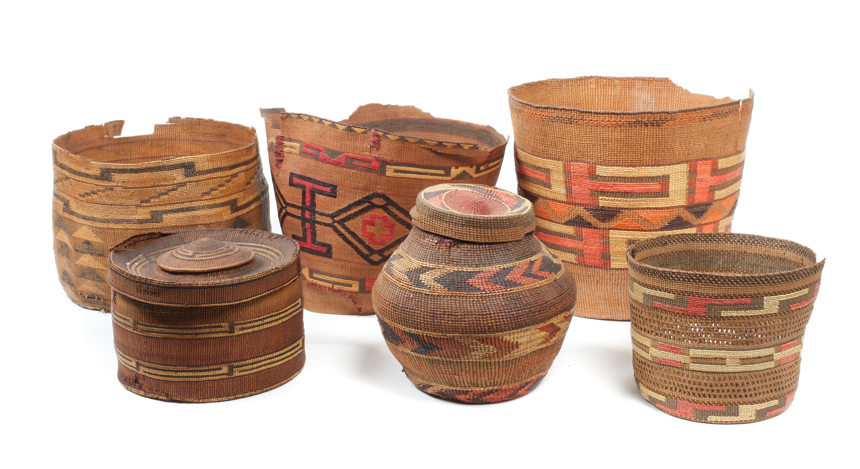 A Group of Fragmented Tlingit Baskets Height of largest 11 1/2 inches.