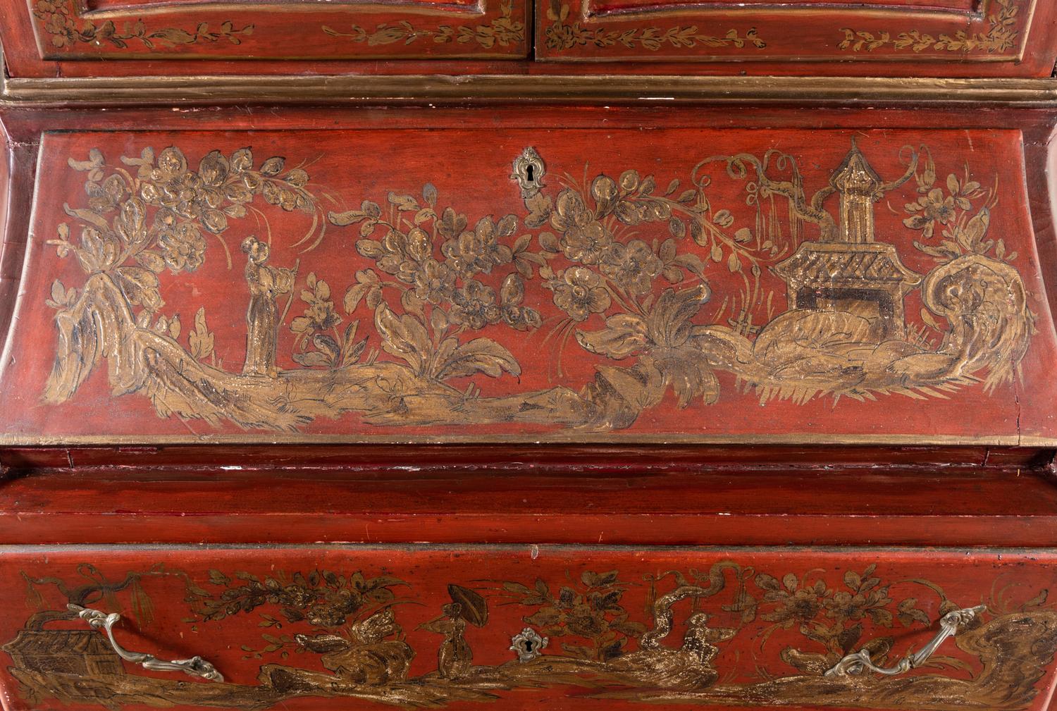An Italian Red and Gilt-Japanned Bureau Cabinet