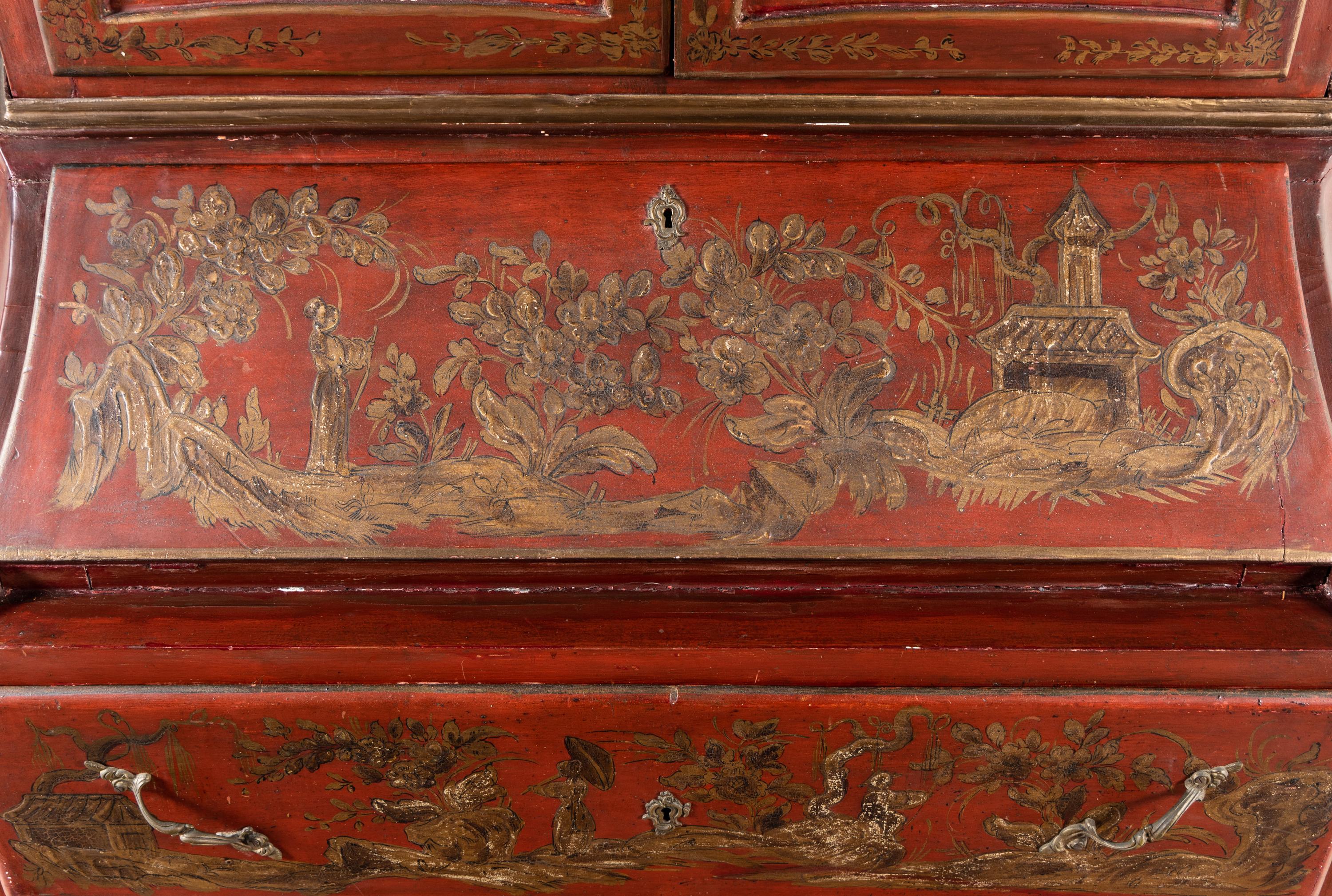 An Italian Red and Gilt-Japanned Bureau Cabinet