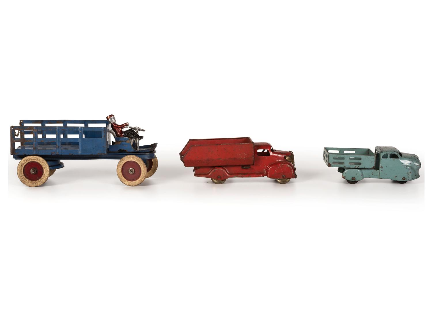 Ten Tin and Pressed Steel Toy Trucks and Wagons