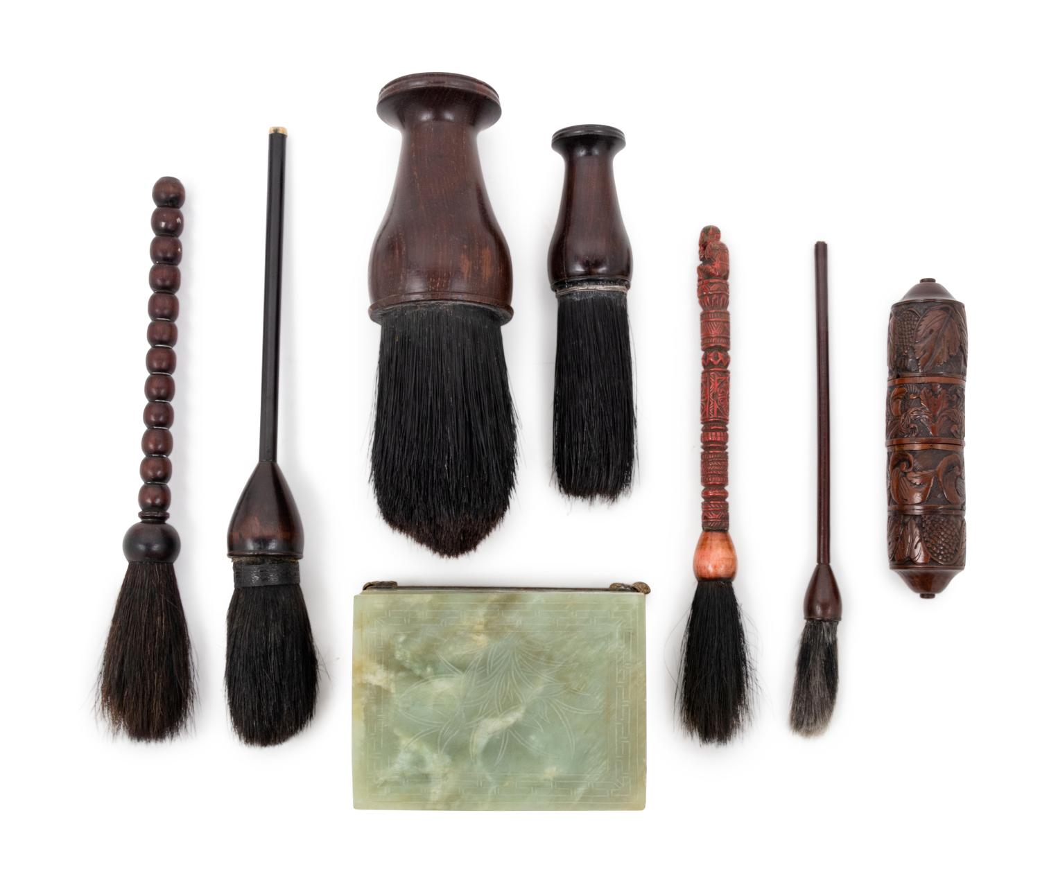 A Group of Six Chinese Hardwood and Cinnabar Lacquer Scroll Brushes and Associated Box