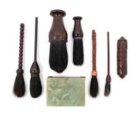 A Group of Six Chinese Hardwood and Cinnabar Lacquer Scroll Brushes and Associated Box