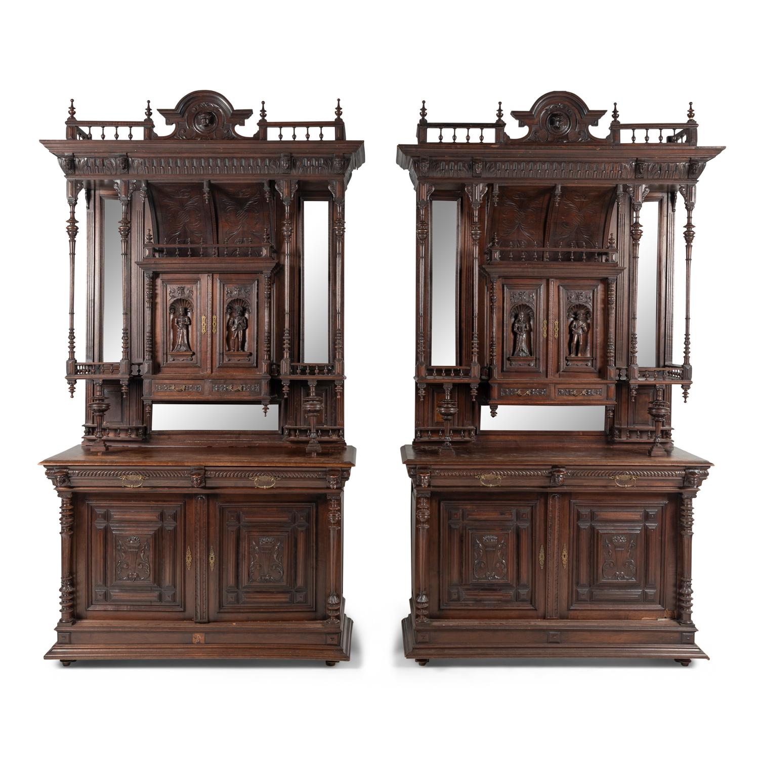 A Pair of French Renaissance Revival Walnut Serving Cabinets