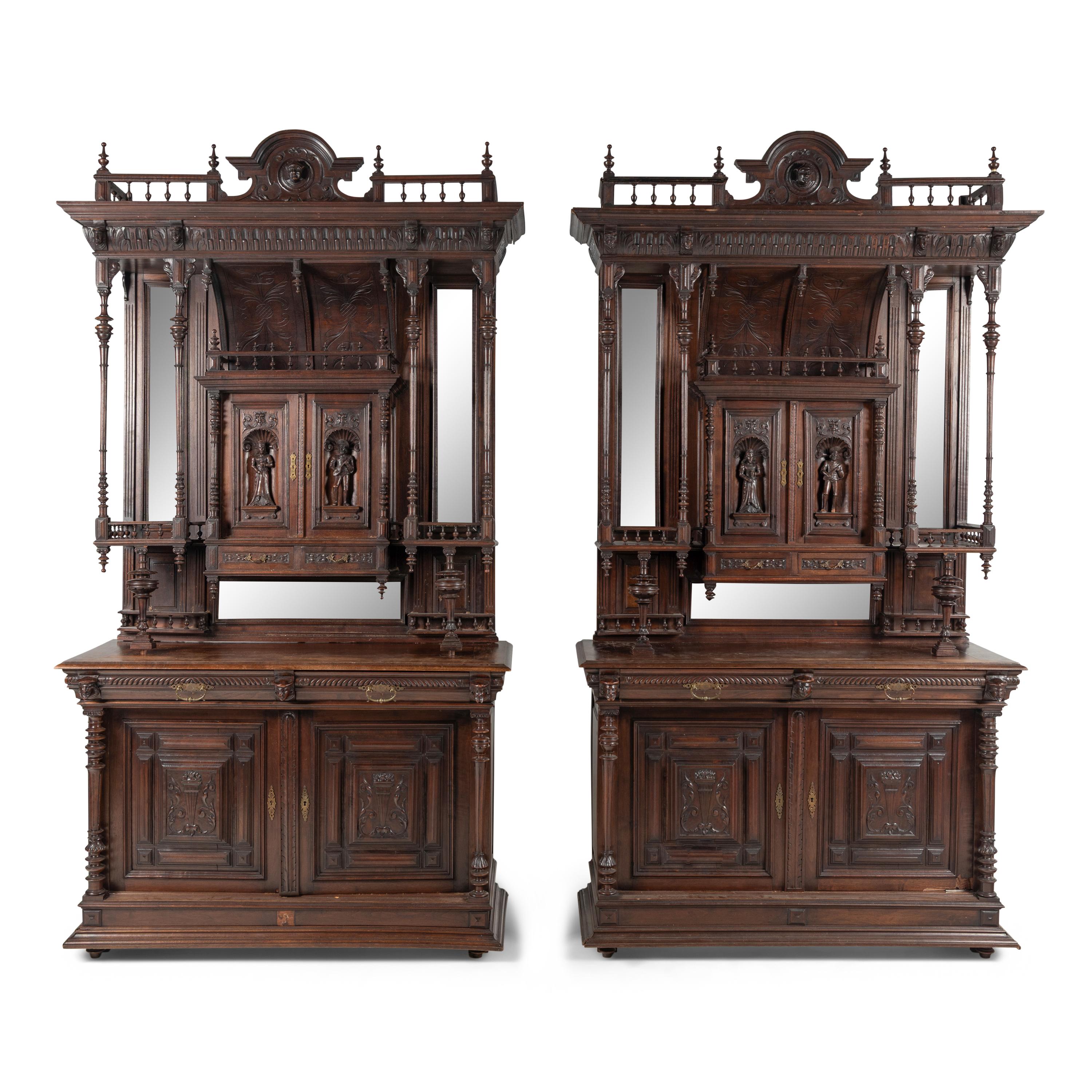 A Pair of French Renaissance Revival Walnut Serving Cabinets