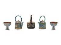 A Group of Three Cloisonné Teapots and Two Cups