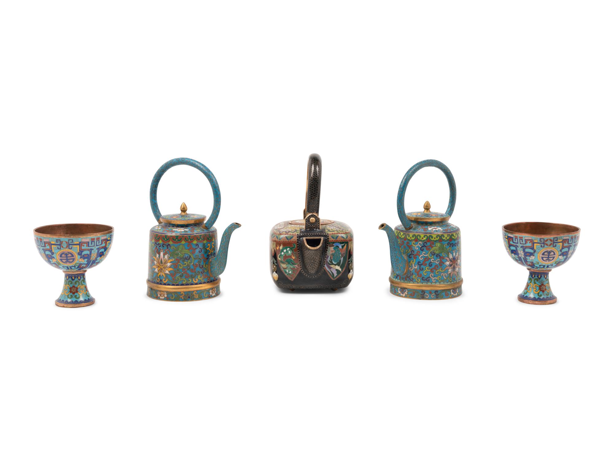 A Group of Three Cloisonné Teapots and Two Cups