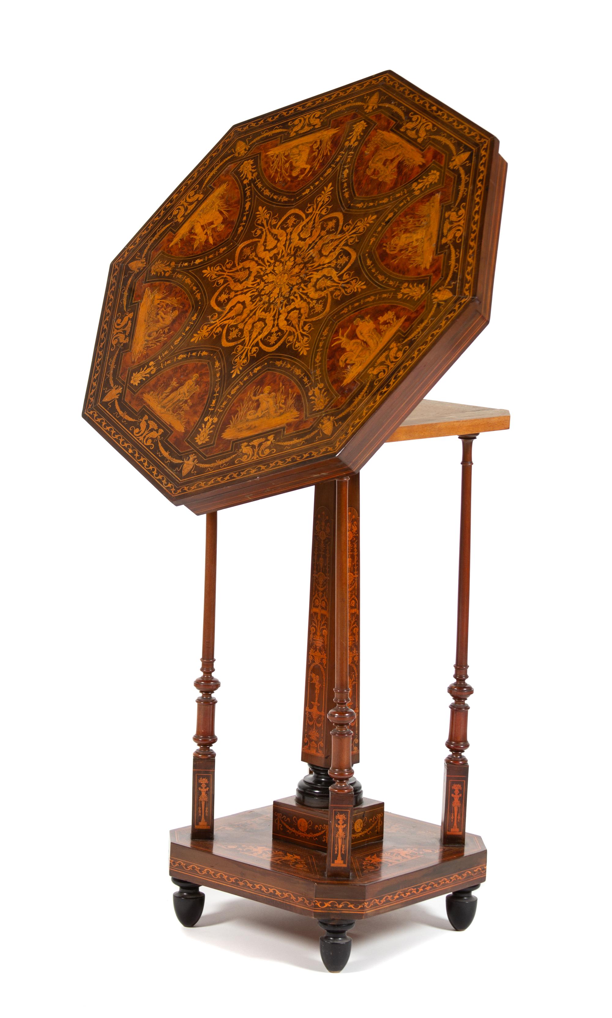 An Italian Marquetry and Penwork Octagonal Table Height 30 1/4 x diameter 26 inches. — LATE 19TH/EARLY 20TH CENTURY