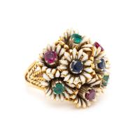 ENAMEL, RUBY, EMERALD, AND SAPPHIRE FLOWER RING