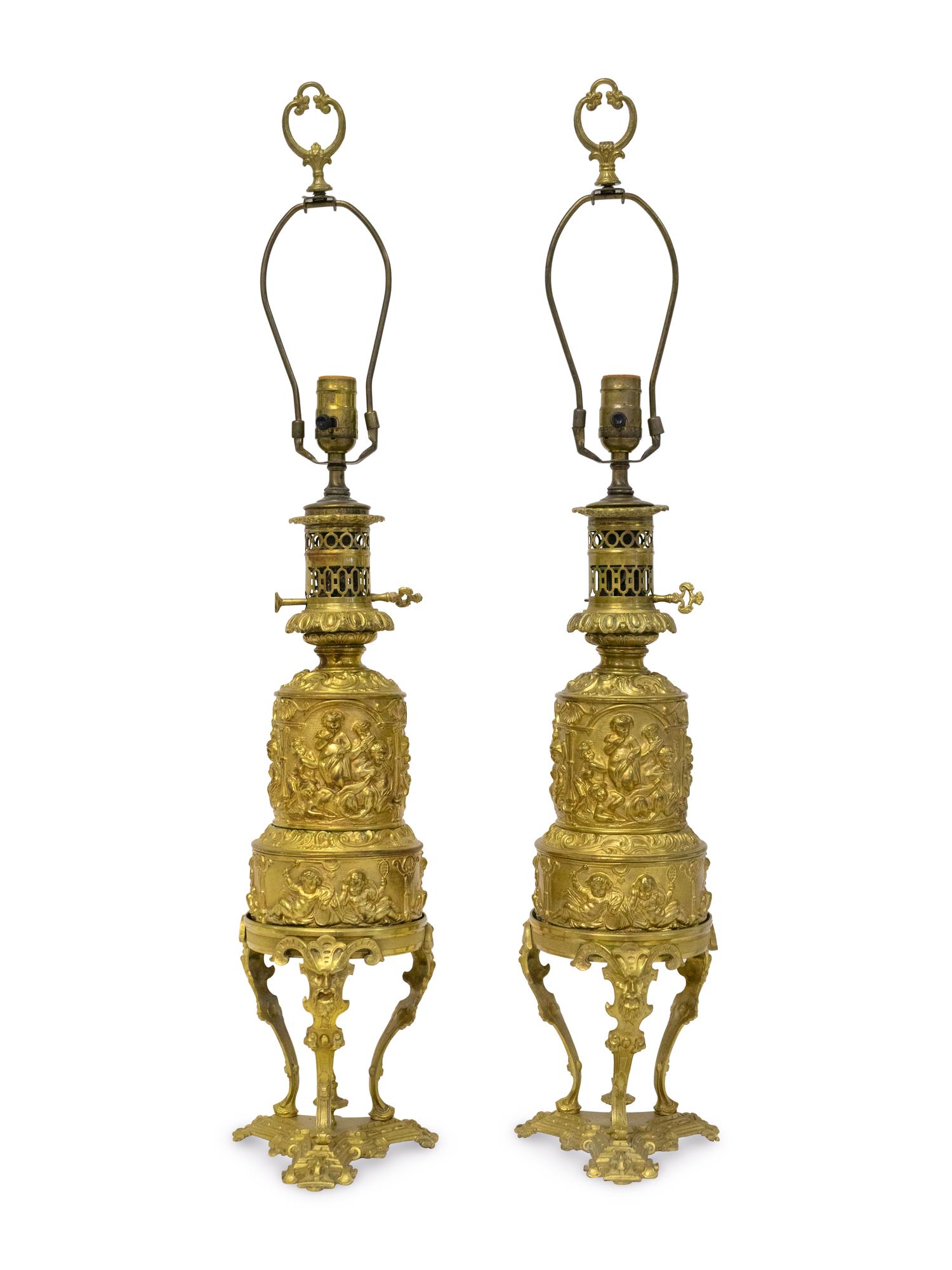 A Pair of Napoleon III Gilt Bronze Oil Lamps