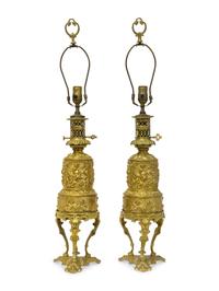 A Pair of Napoleon III Gilt Bronze Oil Lamps