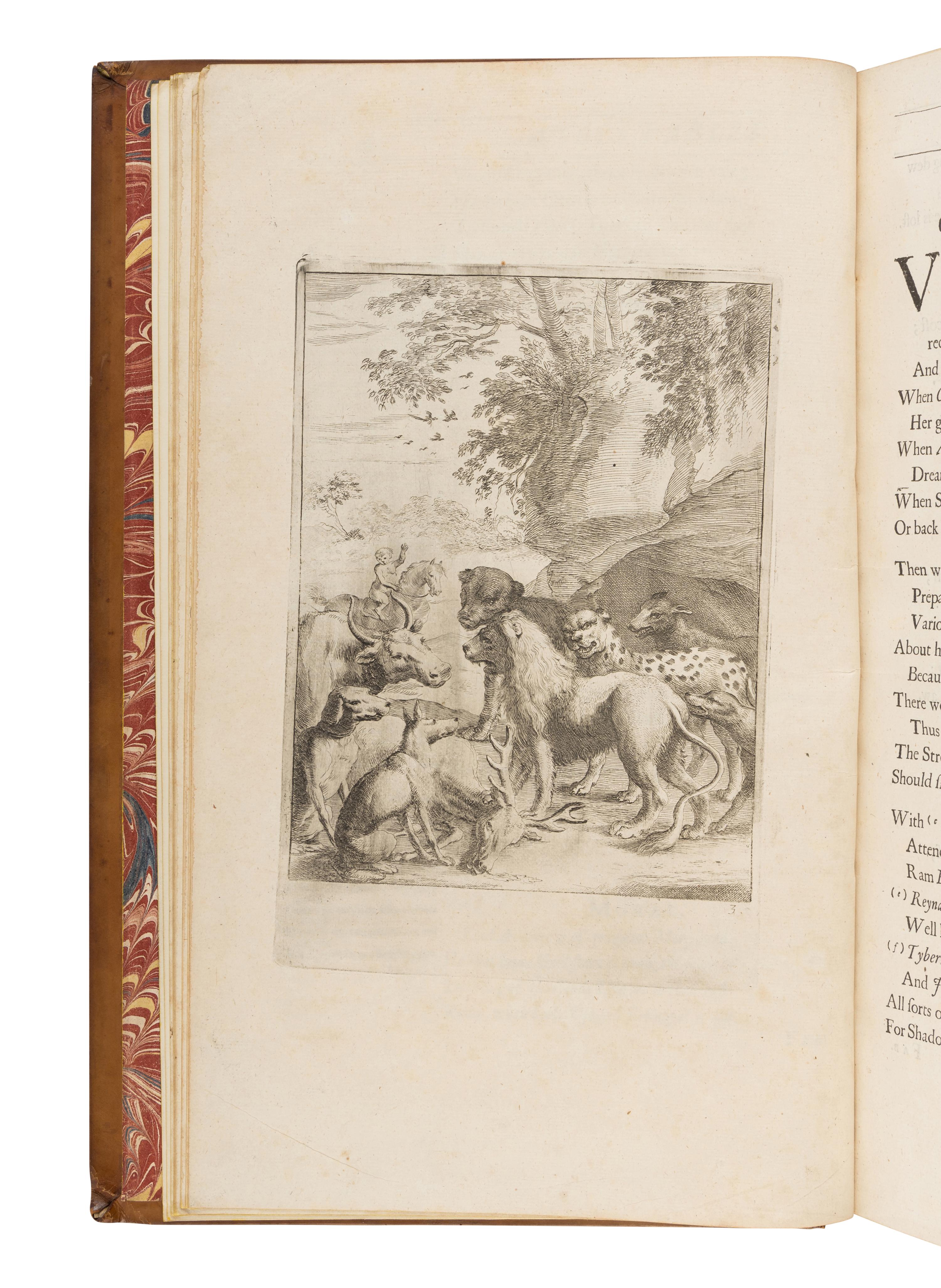 [OGILBY, John (1600-1676), translator]. AESOP (ca 620-560 B.C.). The Fables of Aesop Paraphras'd in Verse: Adorn'd with Sculpture, and Illustrated with Annotations . [ Bound with :] Aesopic’s: Or a Second Collection of Fables, Paraphras'd in Verse: Adorn'd with Sculpture, and Illustrated with Annotations . London: Printed by Thomas Roycroft for the Author, 1668.